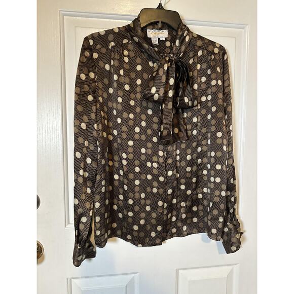 Vintage Givenchy Shirt Womens Size 4 Brown Silk Polka Dot Tie Neck Blouse 80s - Picture 7 of 10
